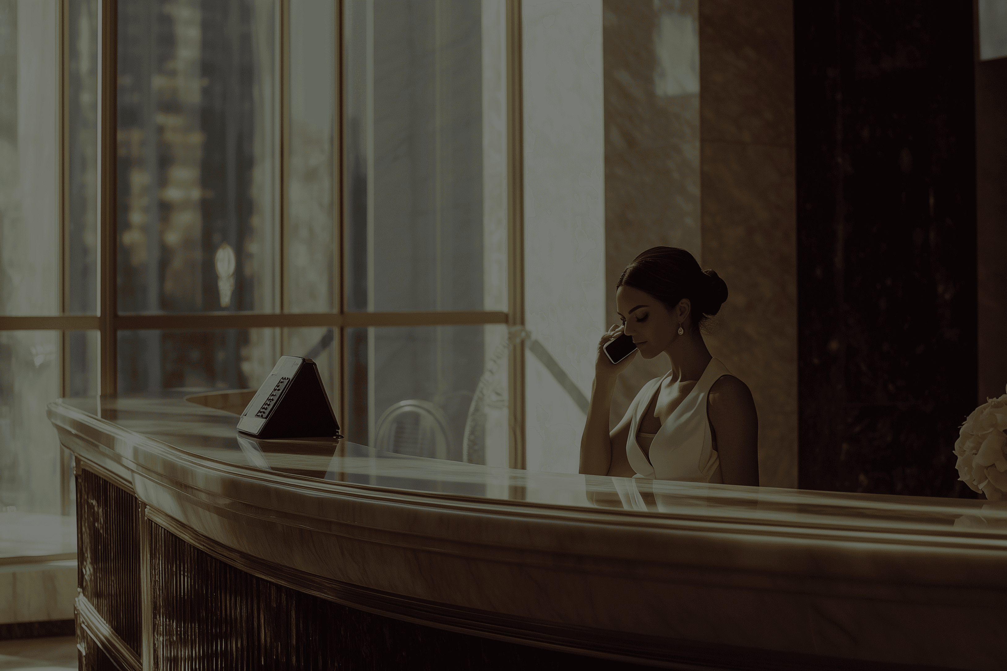 background image of a woman answering a phone