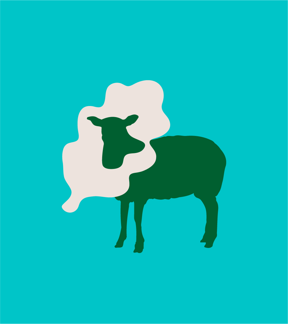Conceptual brand graphic for Elisaari showing a dark green sheep silhouette overlaid with a light cream-colored oak leaf, representing the island's natural residents.