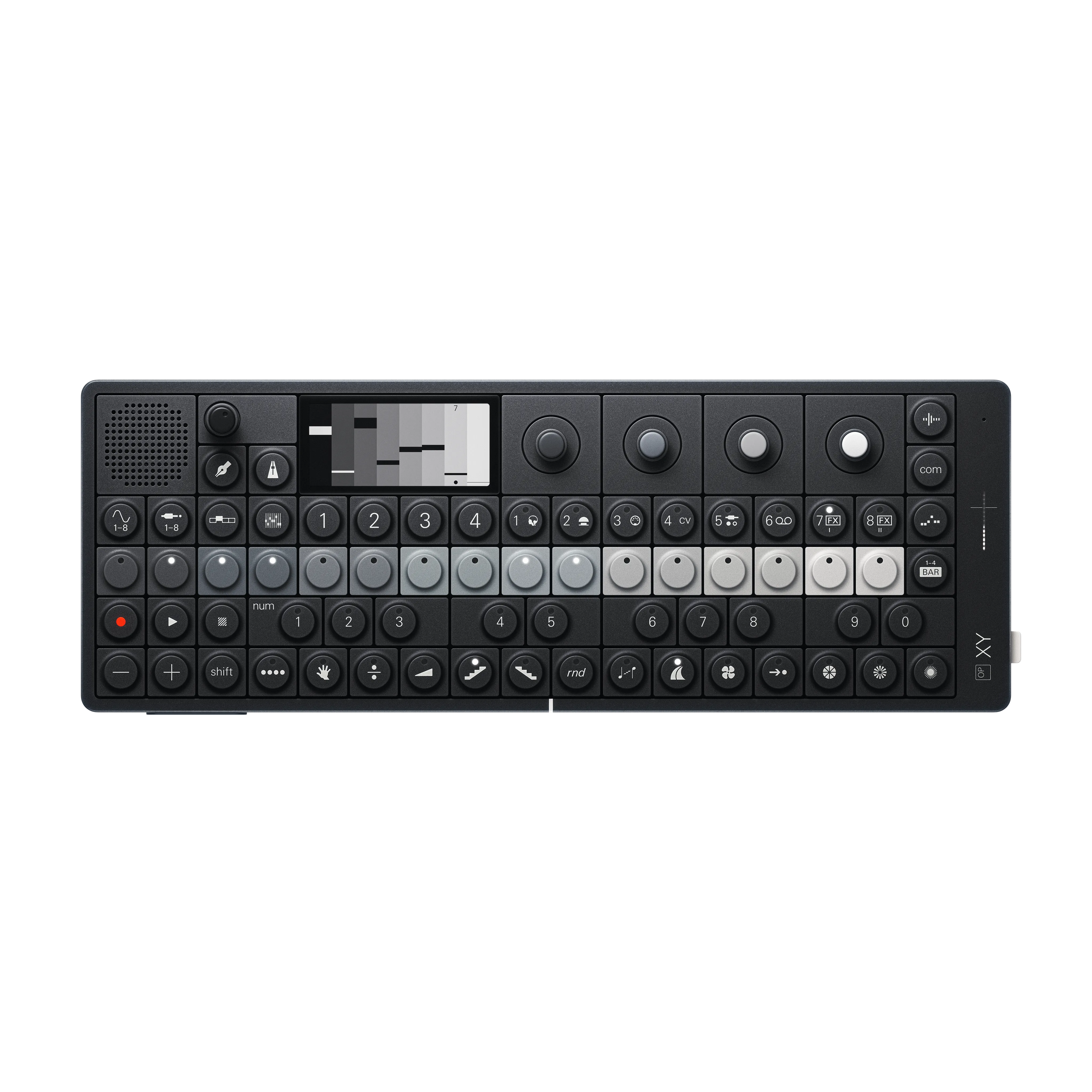 Teenage Engineering OP-XY synthesizer, a wide dark grey unit with rows of grey and white knobs, numbered pads and a small display, shown from above.