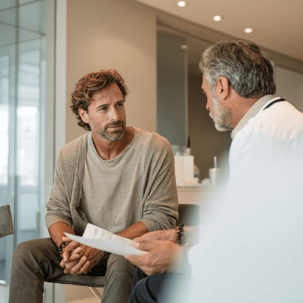 Mann bespricht Schilddrüsenwerte mit Arzt in heller Praxis