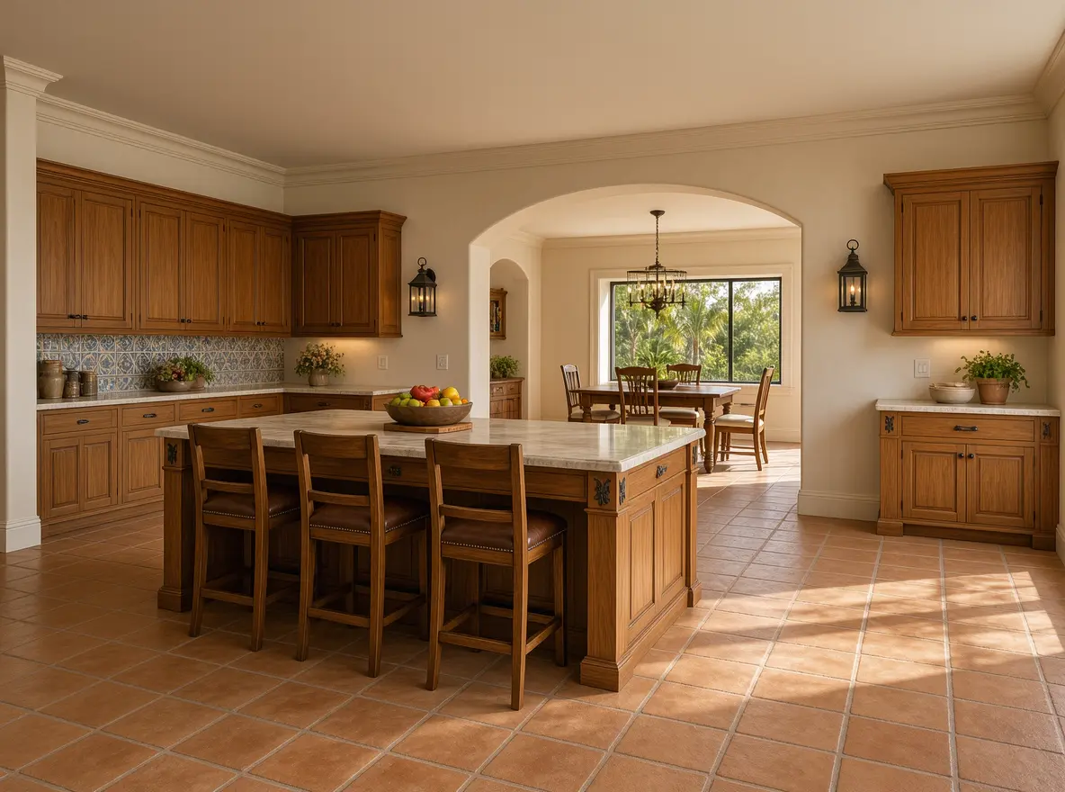 Traditional luxury kitchen featuring warm wood cabinetry, large island with bar seating, terracotta tile floors, and an arched entryway opening to a sunlit dining area