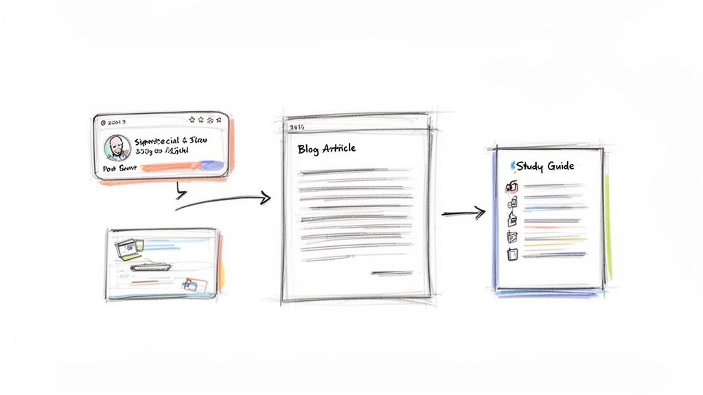 Diagram illustrating a content creation workflow: social media and web content to blog article, then study guide.