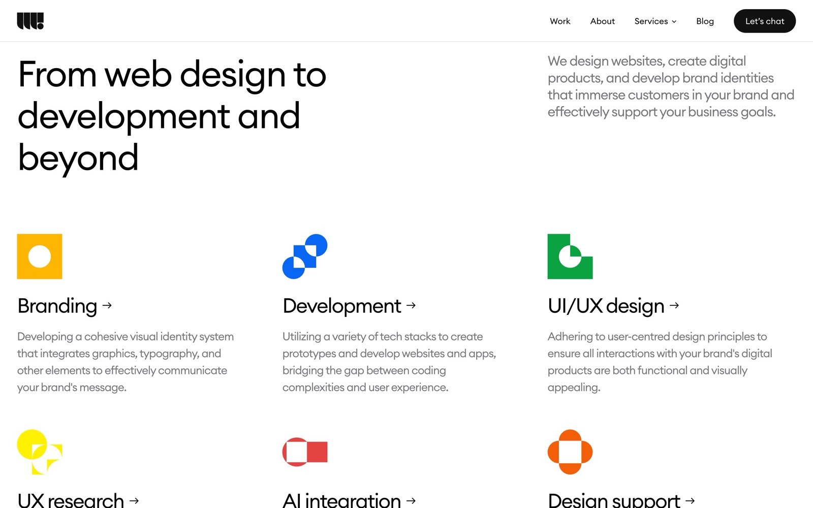 Text: "From web design to development and beyond." Categories: Branding, Development, UI/UX design, AI integration, Design support.