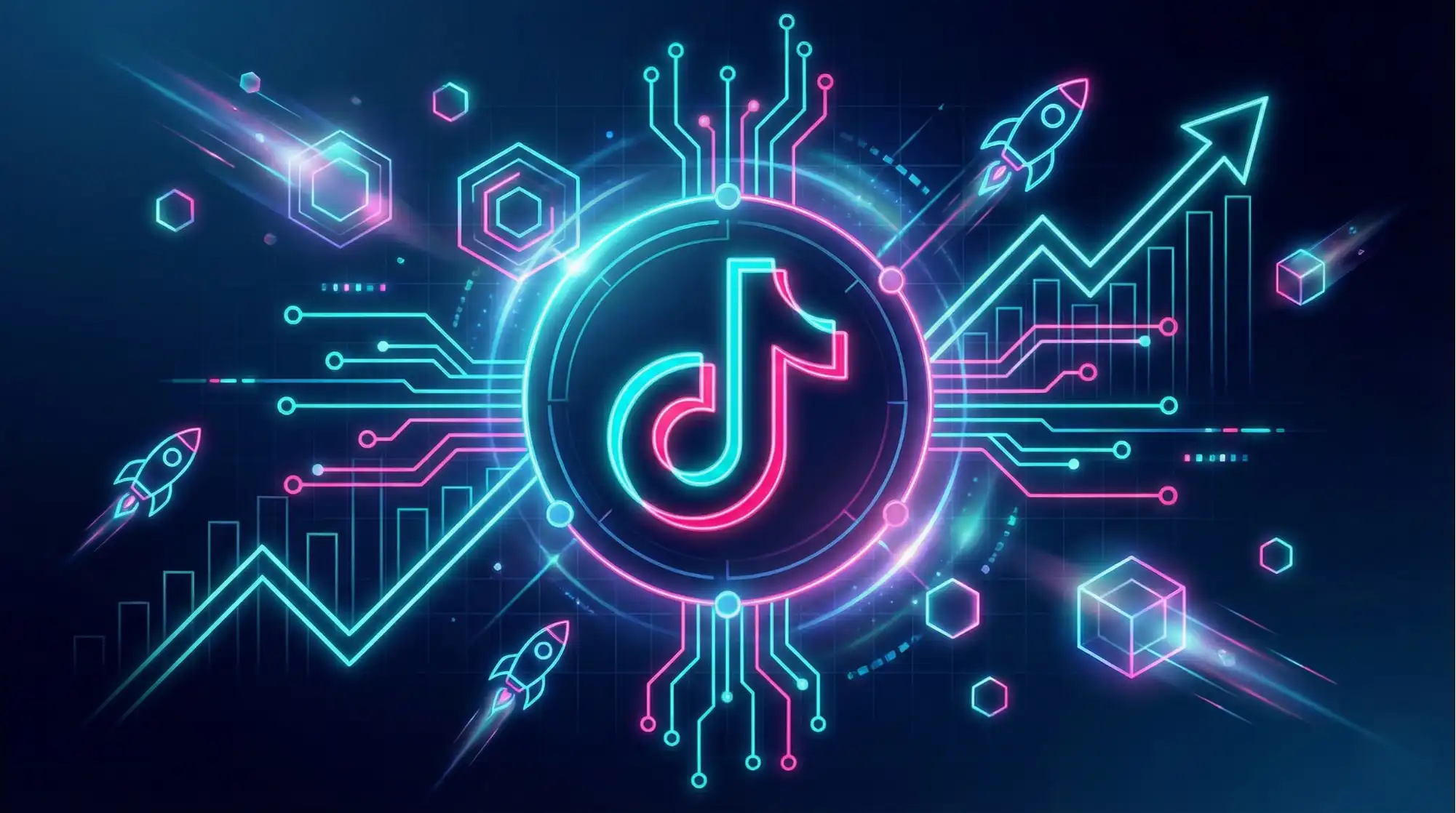 TikTok Foundry neon illustration showing investor networks, growth charts, and digital connections in cyberpunk aesthetic