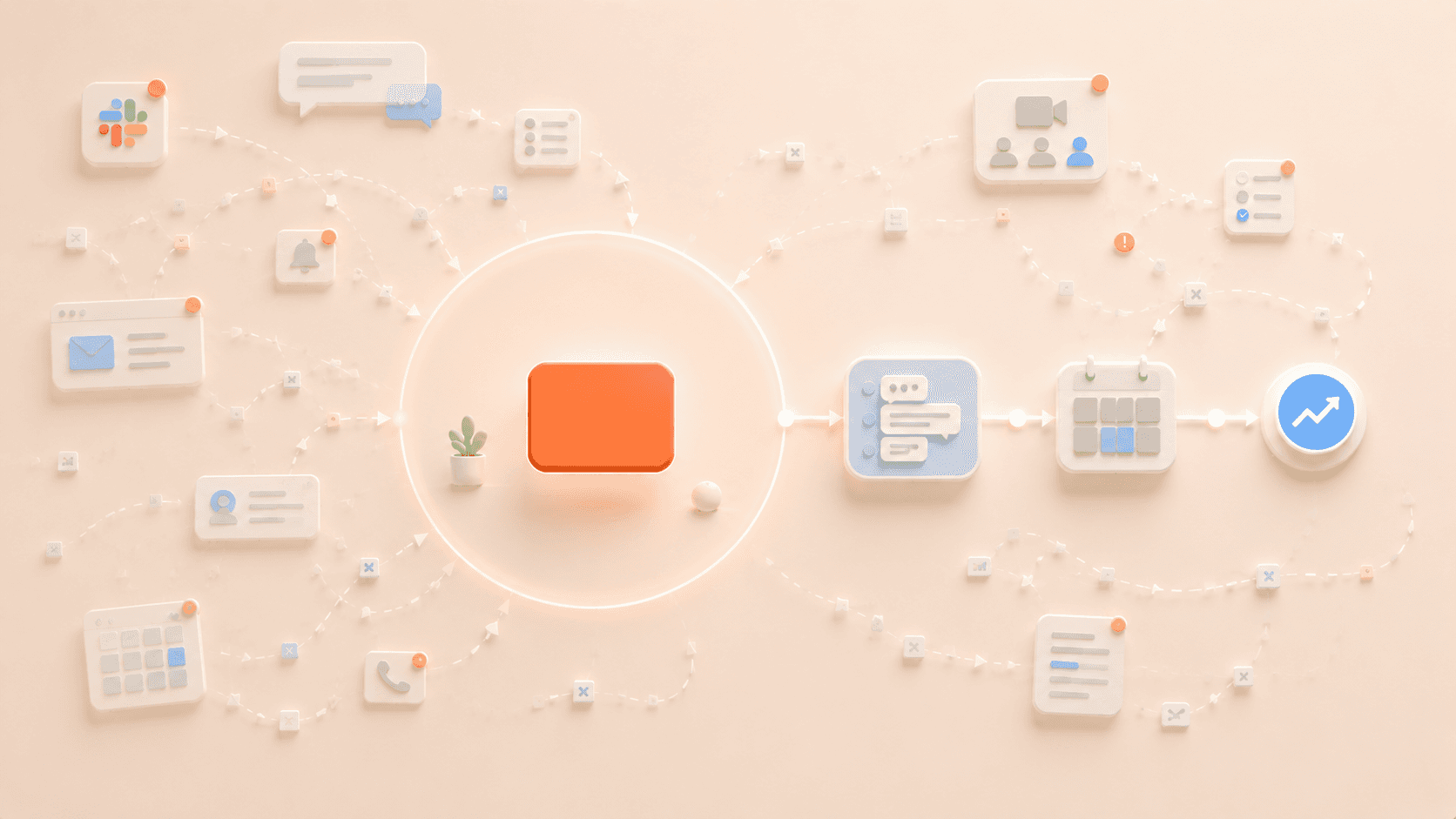 Minimalistische 3D-Illustration mit einer leuchtenden korallfarbenen Fokuskarte in einer geschützten Fokuszone in der Bildmitte. Um die Mitte verlaufen transparente Chat-, E-Mail-, Meeting-, Kalender- und Aufgaben-Elemente entlang unterbrochener gestrichelter Pfade in unterschiedliche Richtungen und symbolisieren fragmentierte Aufmerksamkeit, häufige Kontextwechsel und den Verlust von Fokus im Arbeitsalltag.