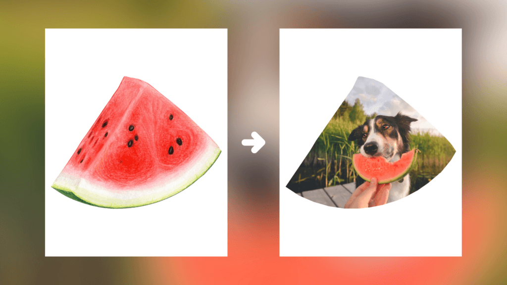 Before and after of a watermelon image being turned into an image frame with a dog eating a watermelon inside the frame.