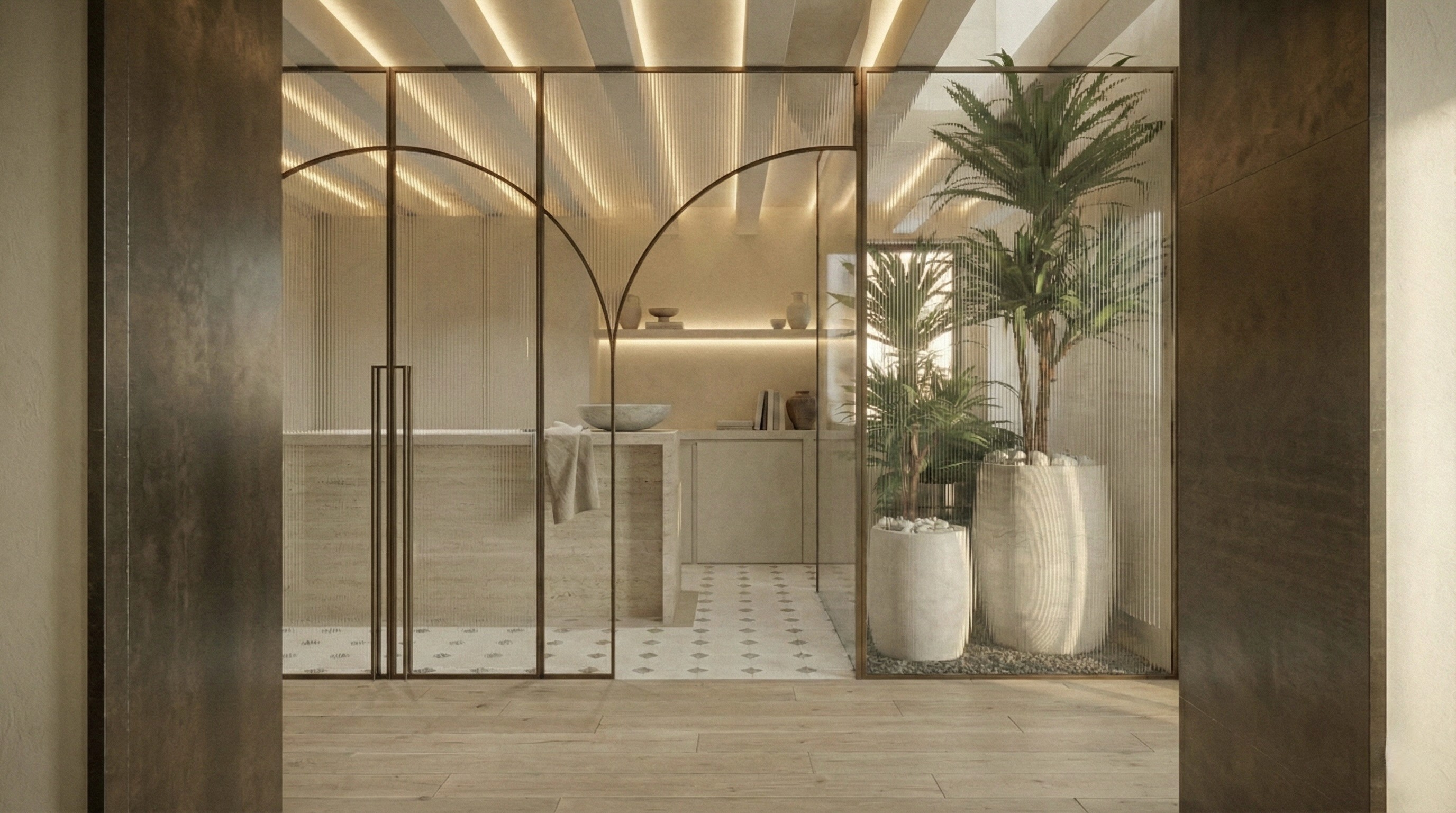 Proyecto Jovellanos 5 de Calienzo, interiorismo en Cortes con piedra natural, madera clara y luz suave.