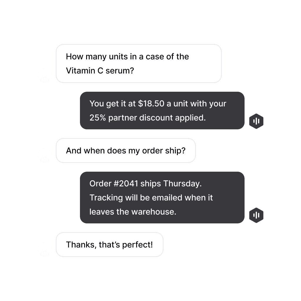 A Consio AI voice agent handling a wholesale support call, instantly answering a partner's questions about product pricing and order shipping without a human agent.