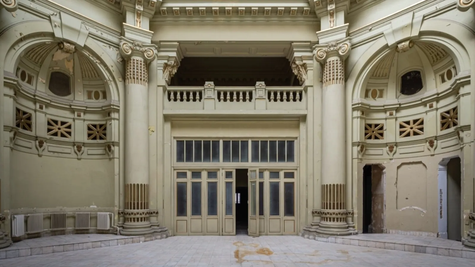 An ornate, abandoned neoclassical hall with tall pillars, arched windows, and intricate architectural details in neutral tones.