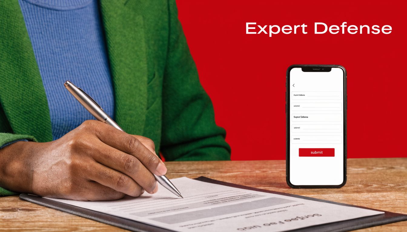 A person writing on a document next to a smartphone showing a digital legal defense form.