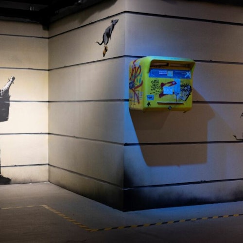 房间的角落里挂着墙画，画中有一个人在从瓶子里倒液体，还有一只老鼠。墙上附着一个黄色的信箱。