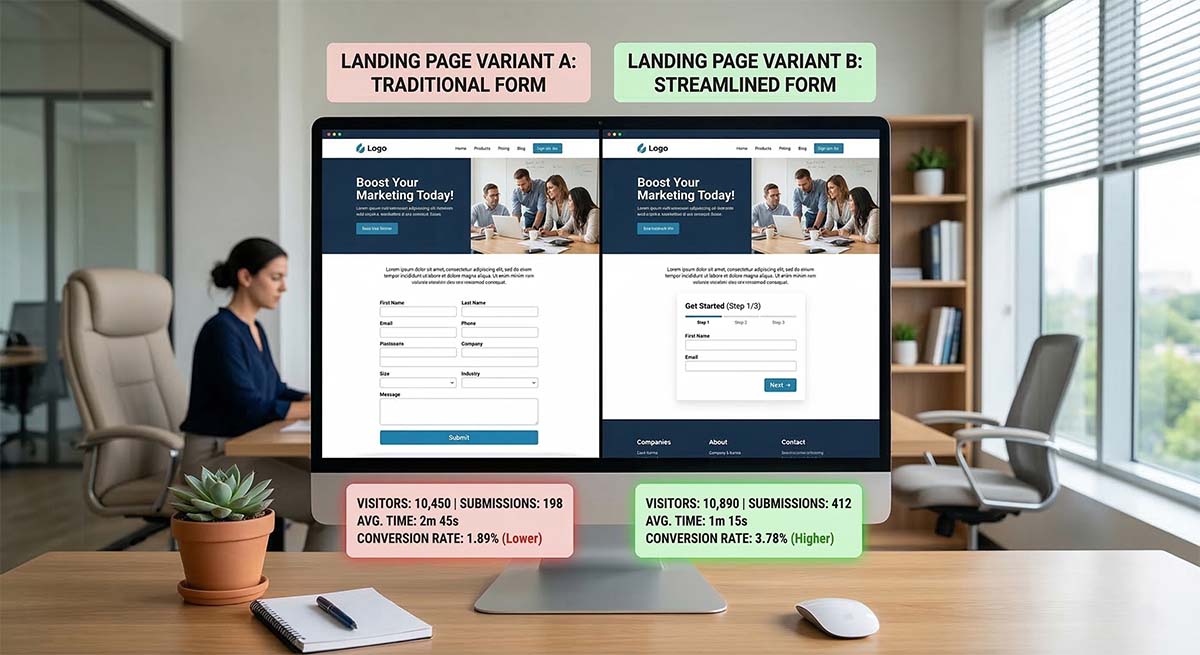 Pay per lead marketing agency CRO split test showing conversion rate improvements between landing page variants