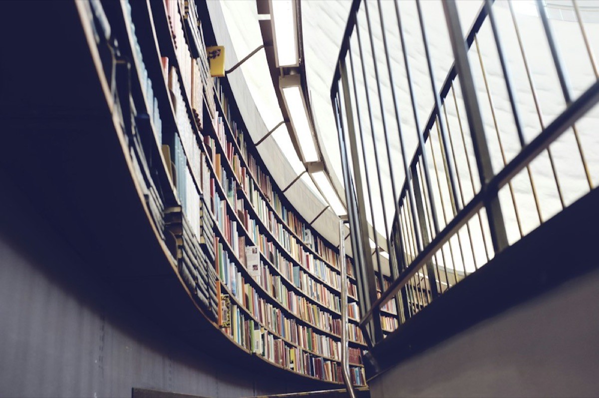 Interior de una biblioteca con estanterías y luz natural