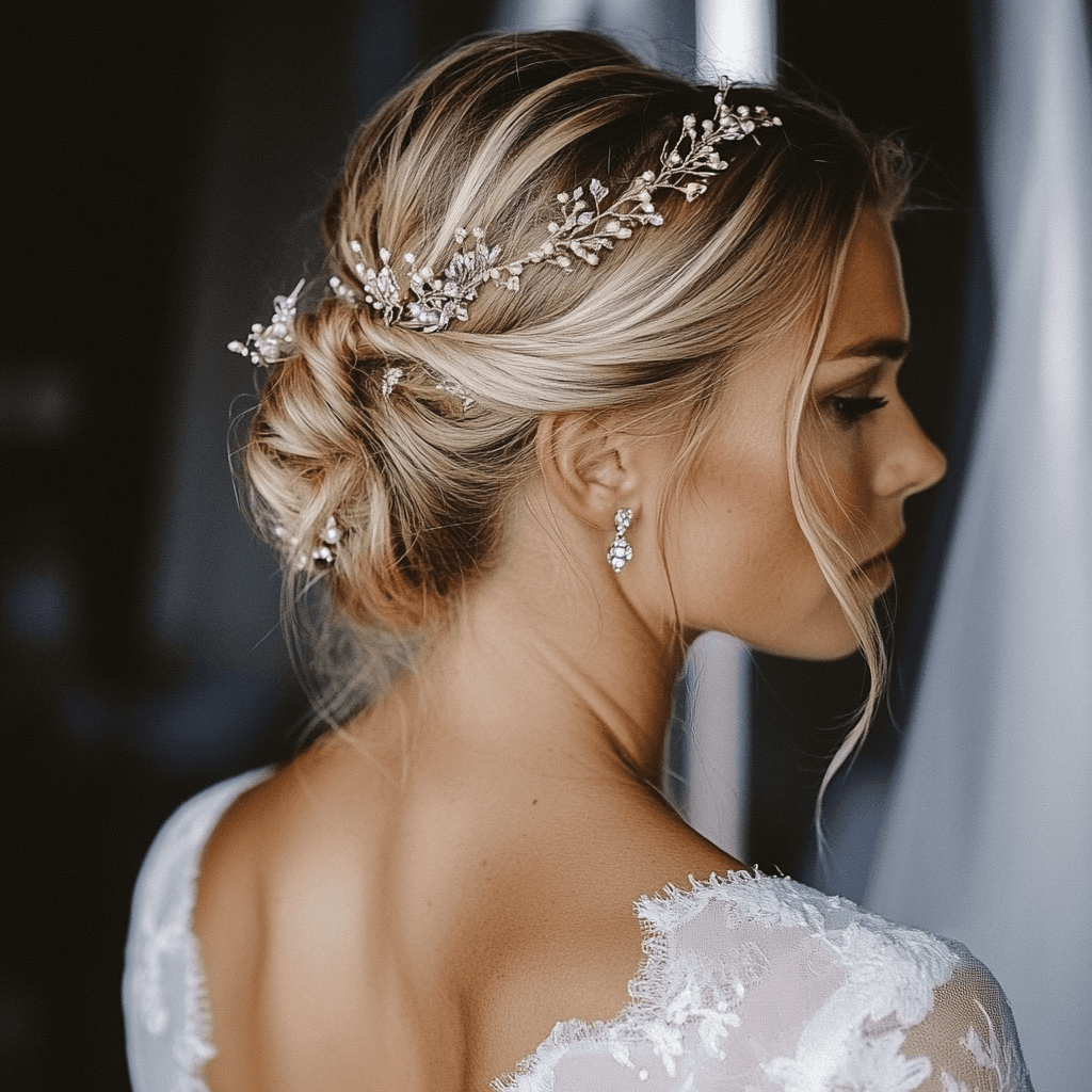 Elegante Hochsteckfrisur für blonde Haare, perfekt für den großen Tag mit sanften Wellen und einem Hauch von Glanz.