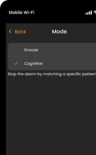Settings screen for the Cognitive Alarm mode, showing the choice of Snooze and Cognitive modes.