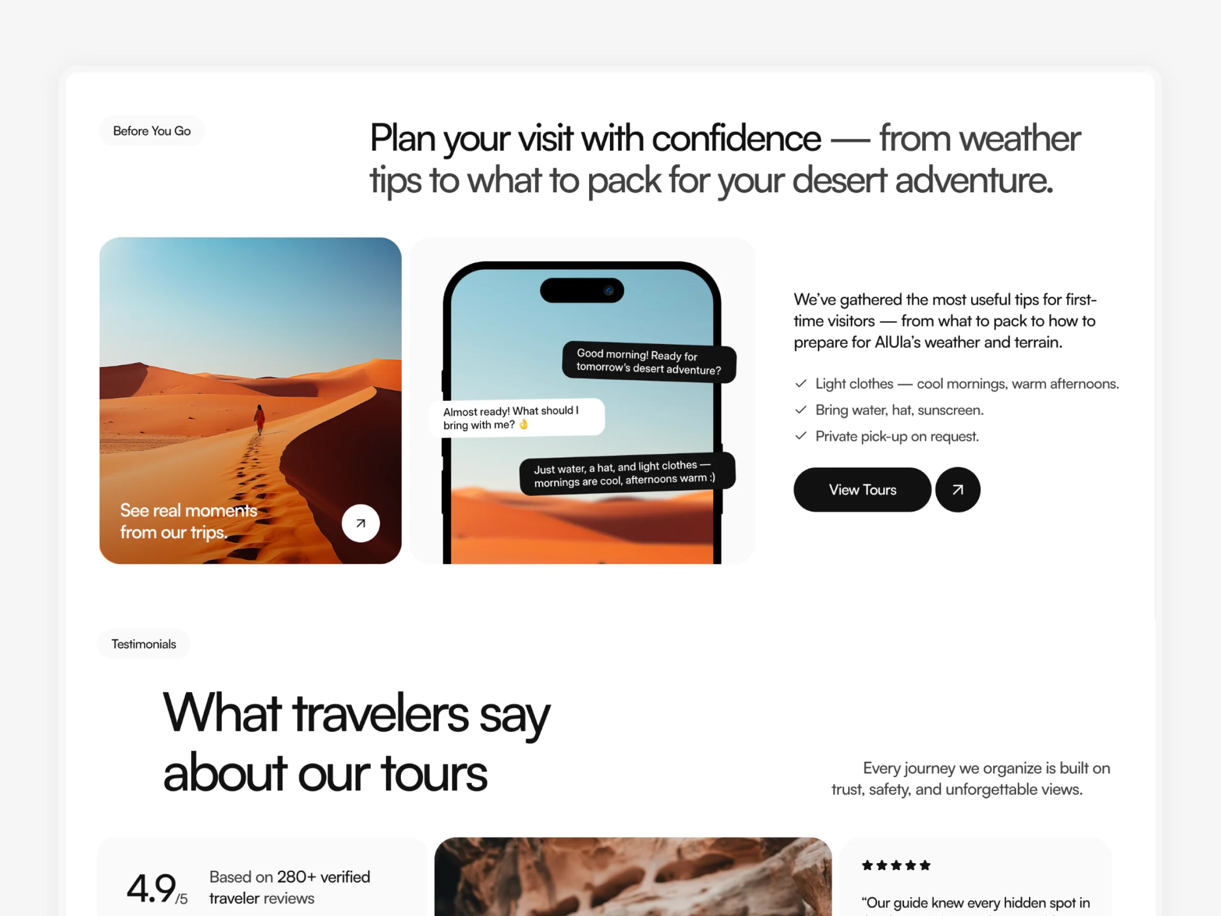 Reviews and travel tips page of Marwa template in Framer