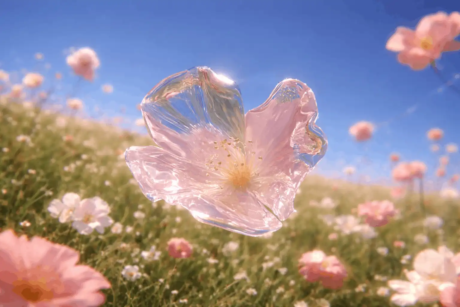 Transparent crystal flower floating above a bright floral field under a sunny sky.