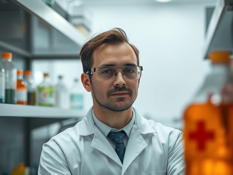 A man in a lab coat examines a bottle, likely conducting research or analysis in a laboratory setting.