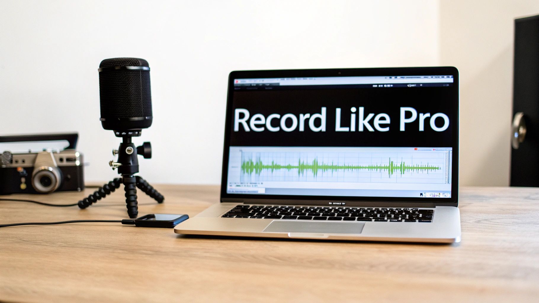 A studio setup with a laptop, microphone, and camera on a wooden desk for professional audio recording.