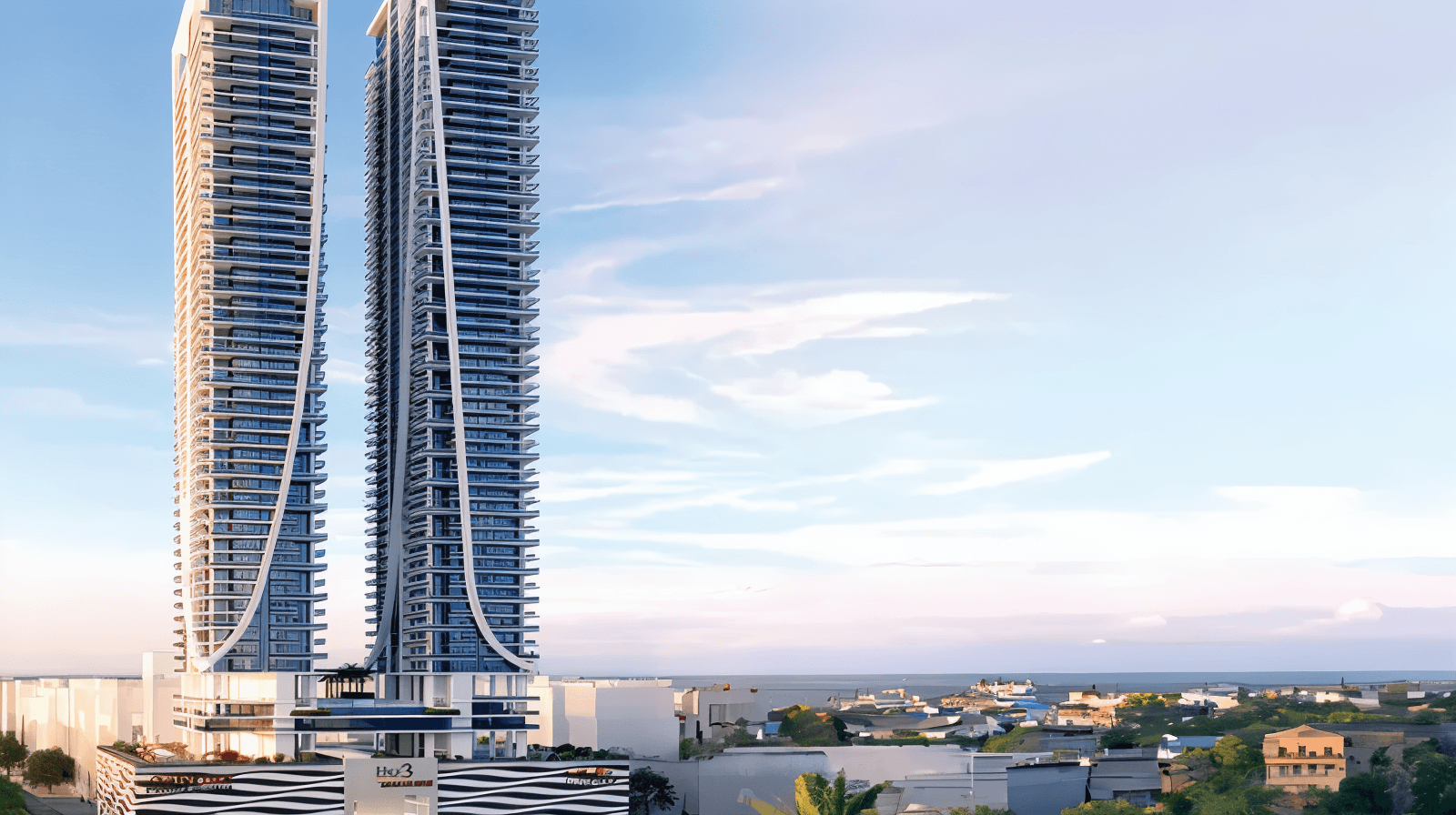 New hotel rendering at night in Danube Shahrukhz, displaying its illuminated structure and inviting atmosphere.