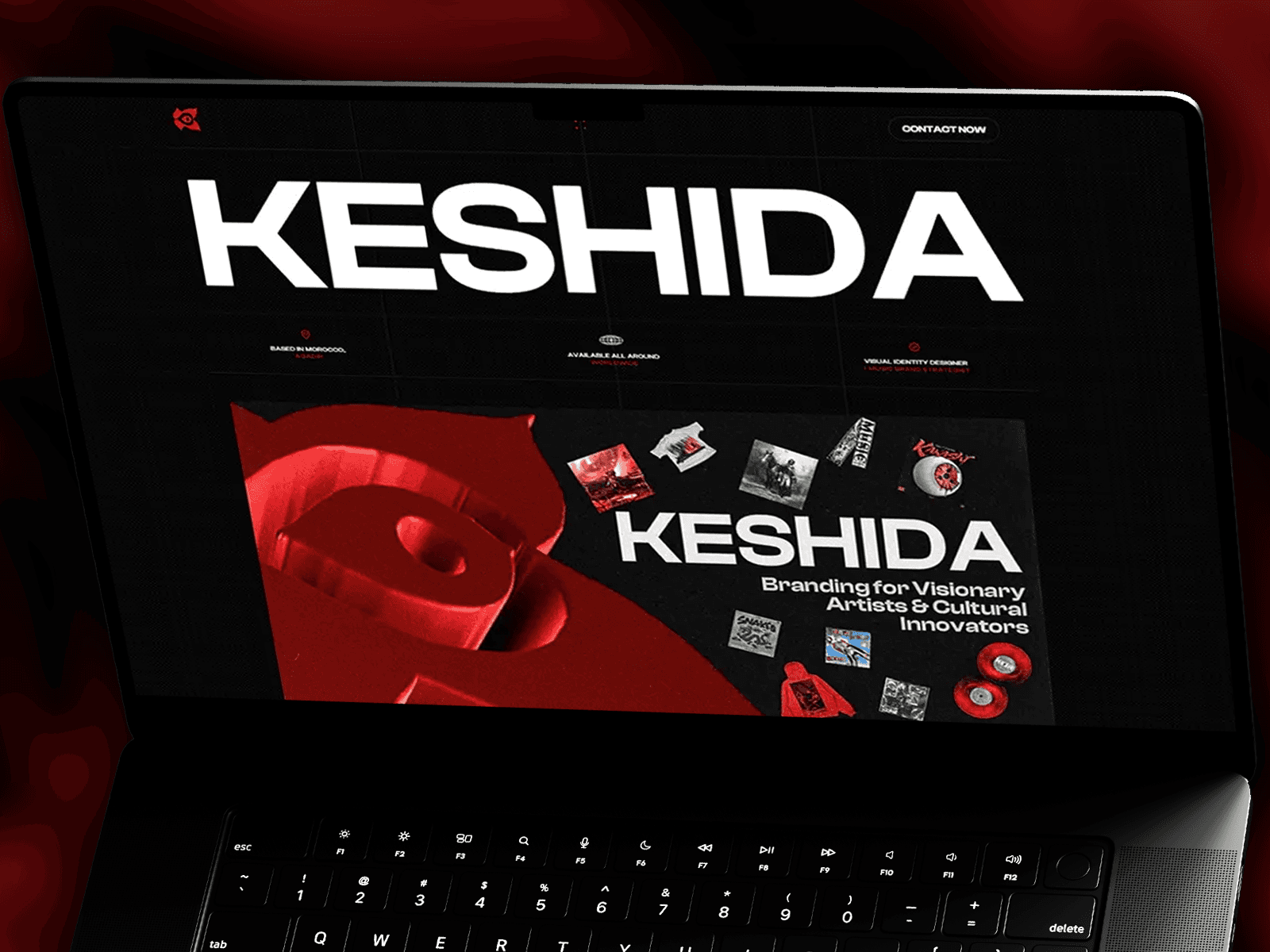 KESHIDA logo in white on black background with red accents and Branding for Visionary Artists & Cultural Innovators tagline.