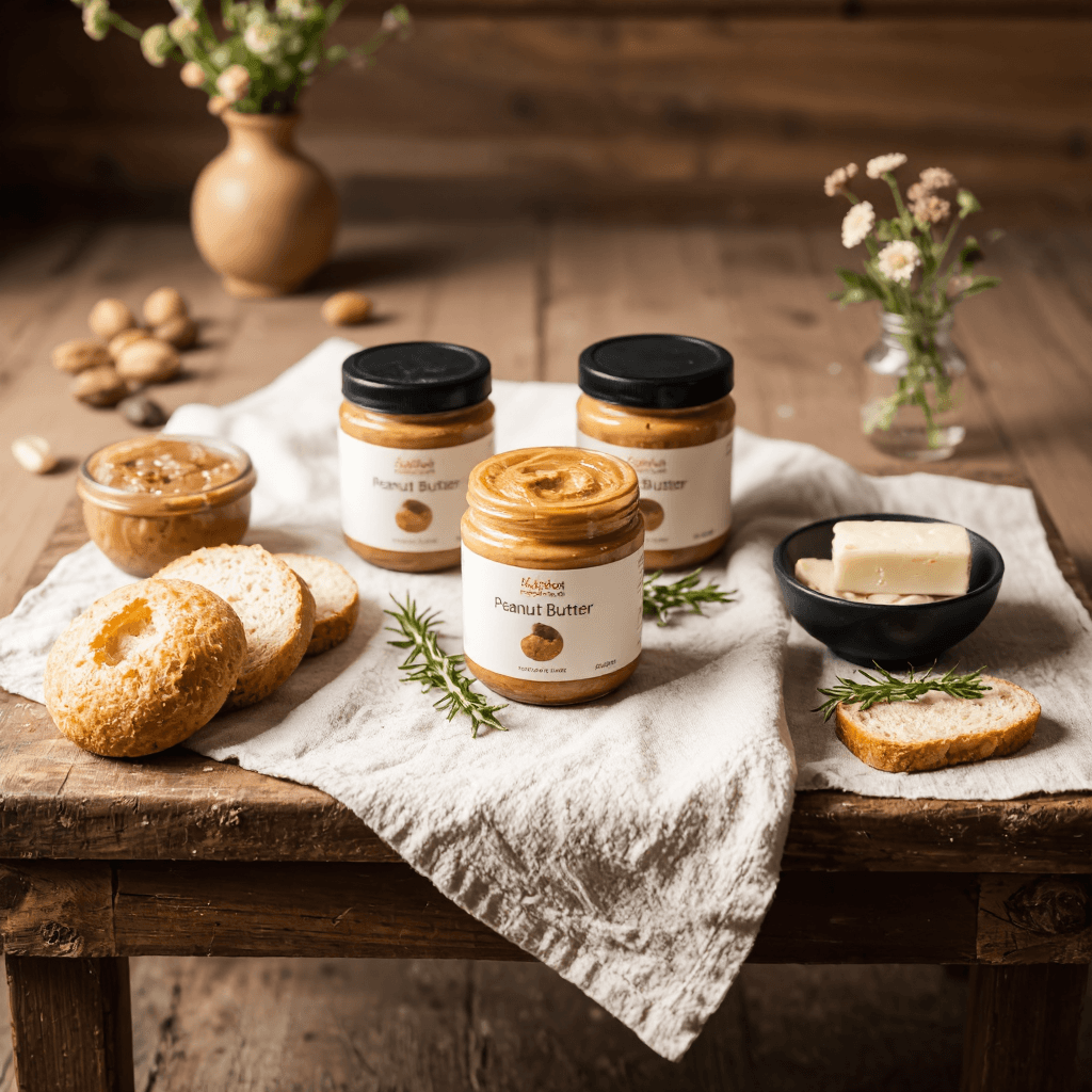 product photography of bread roll with peanut butter and butter