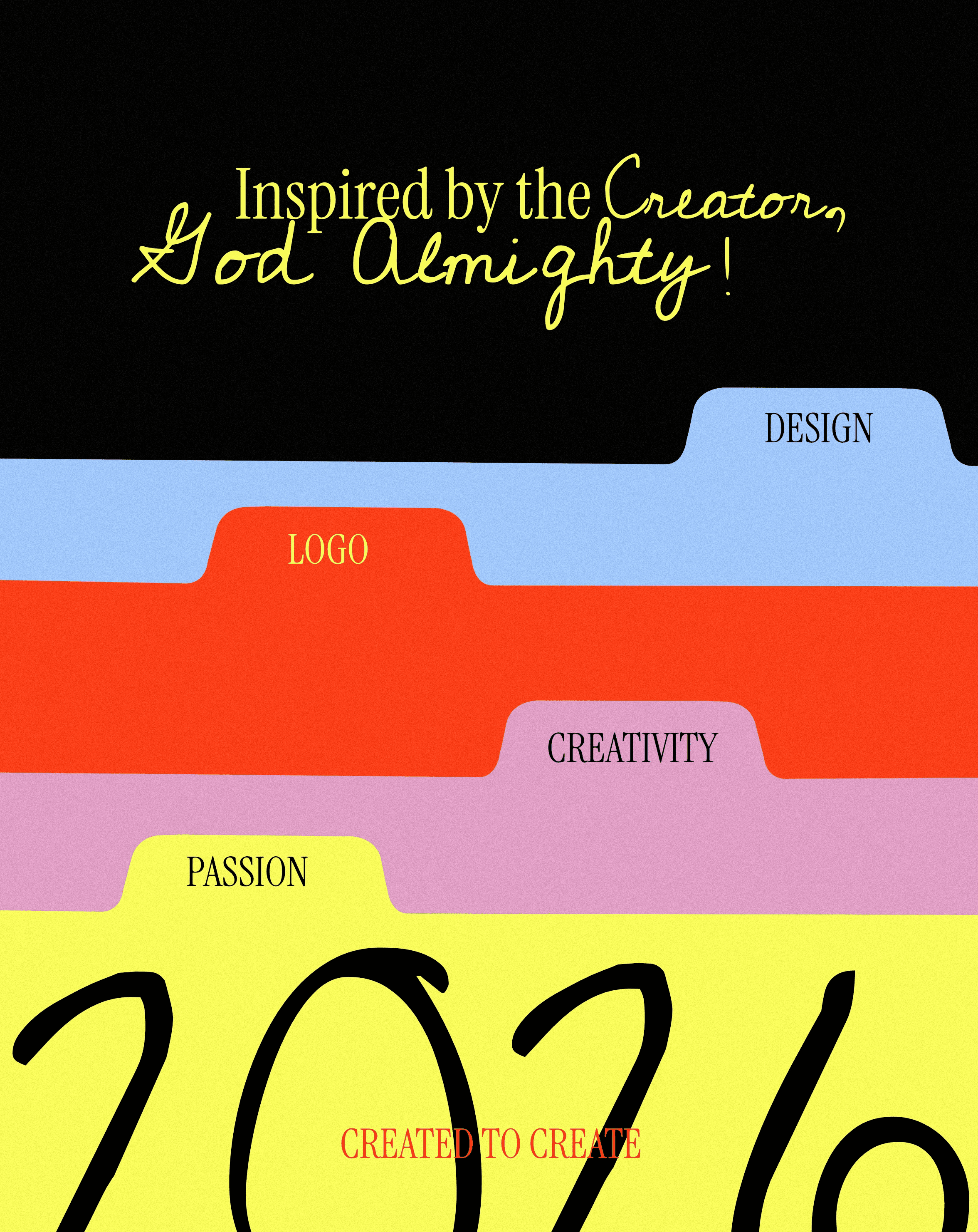 Inspired by God, with colorful tabs for Design, Logo, Creativity, Passion.