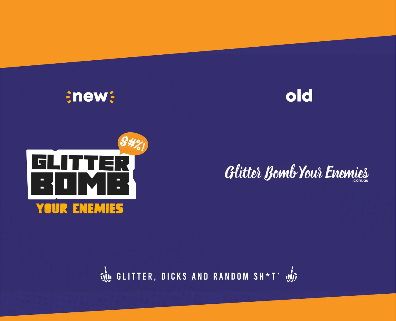 Brand identity rebrand for Glitter Bomb Your Enemies by Subiaco designer Andrew Salfinger, comparing the old script logo with a new, bold, high-impact typographic system.