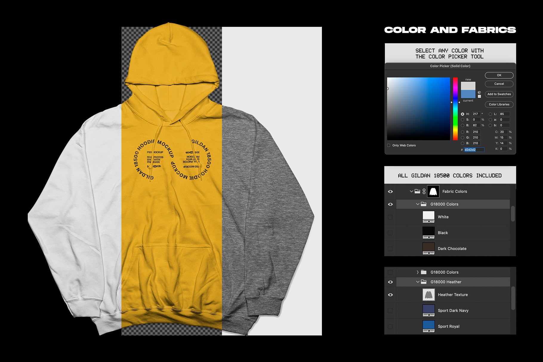 Gildan 18500 Hoodie Folded Arms mockup fabric color options with Photoshop controls