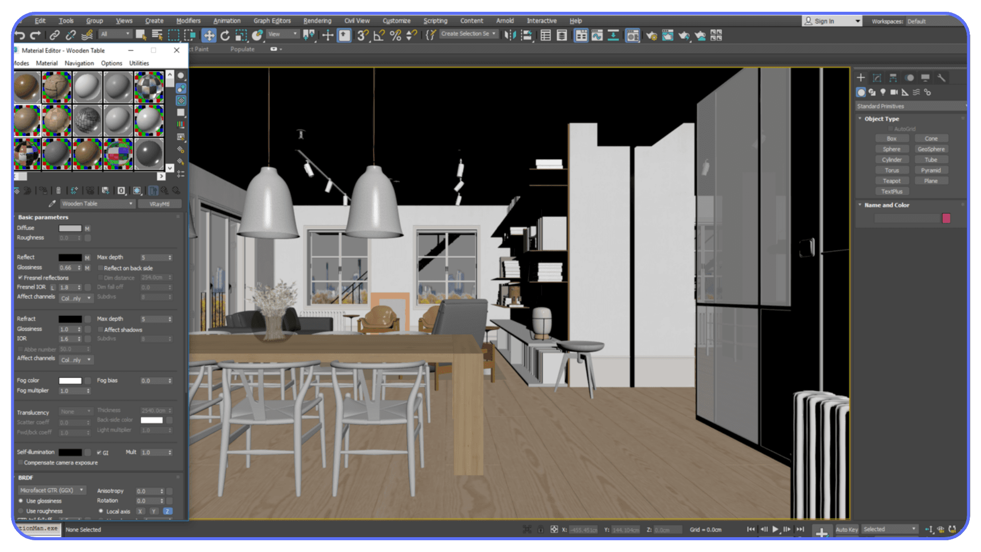 V-Ray scene setup inside 3ds Max showing materials and lighting before final GPU rendering