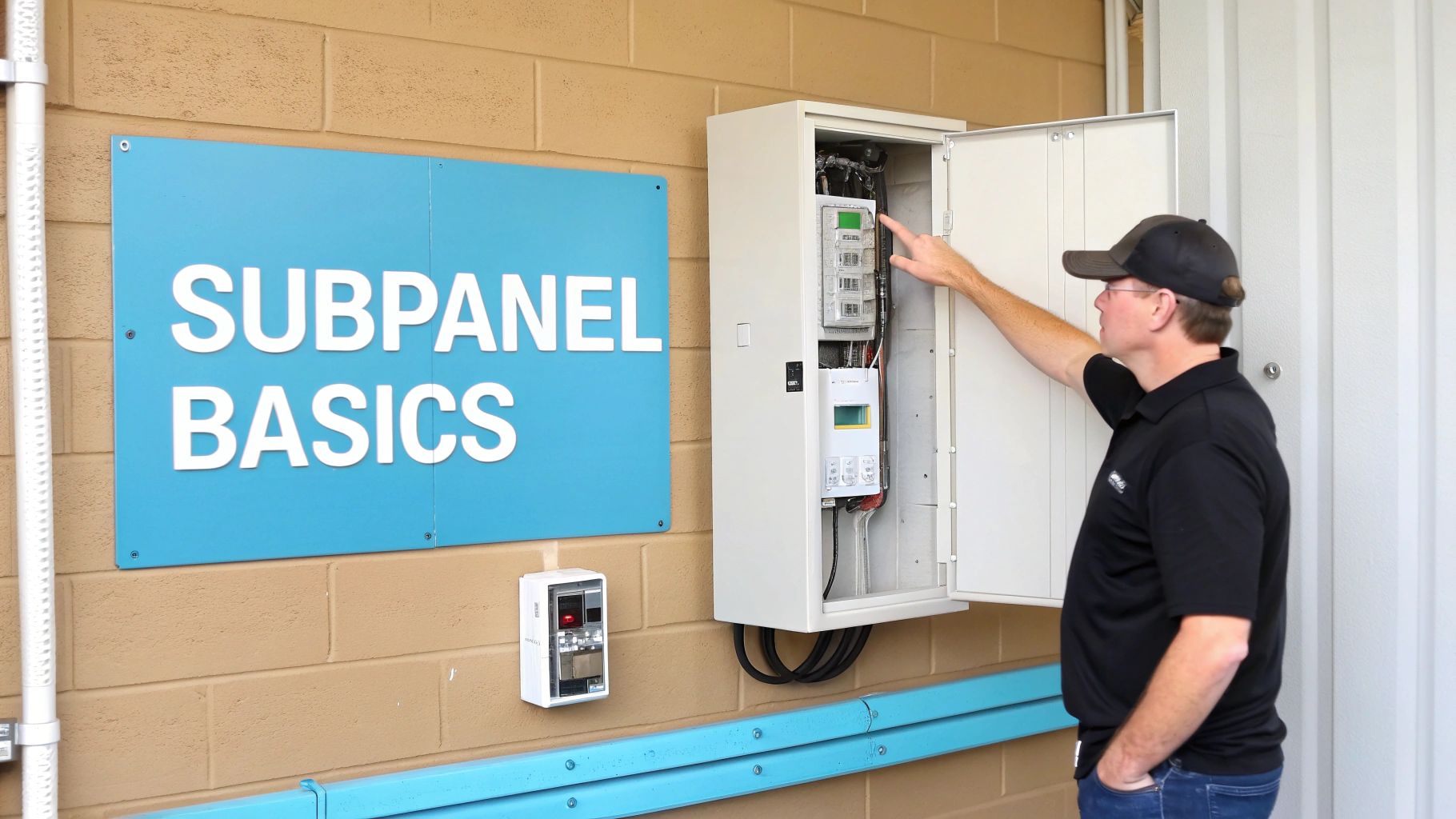 A man in a cap points to an open electrical subpanel next to a "SUBPANEL BASICS" sign.