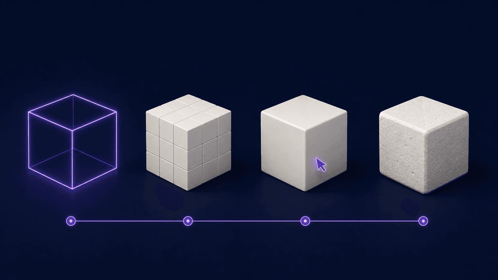 The four stages of loading a 3D scene: wireframe, low-resolution, interactive, and full fidelity