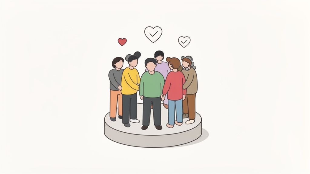 An illustration of a diverse group of people standing together in a circle, with hearts above them, symbolizing community and support.