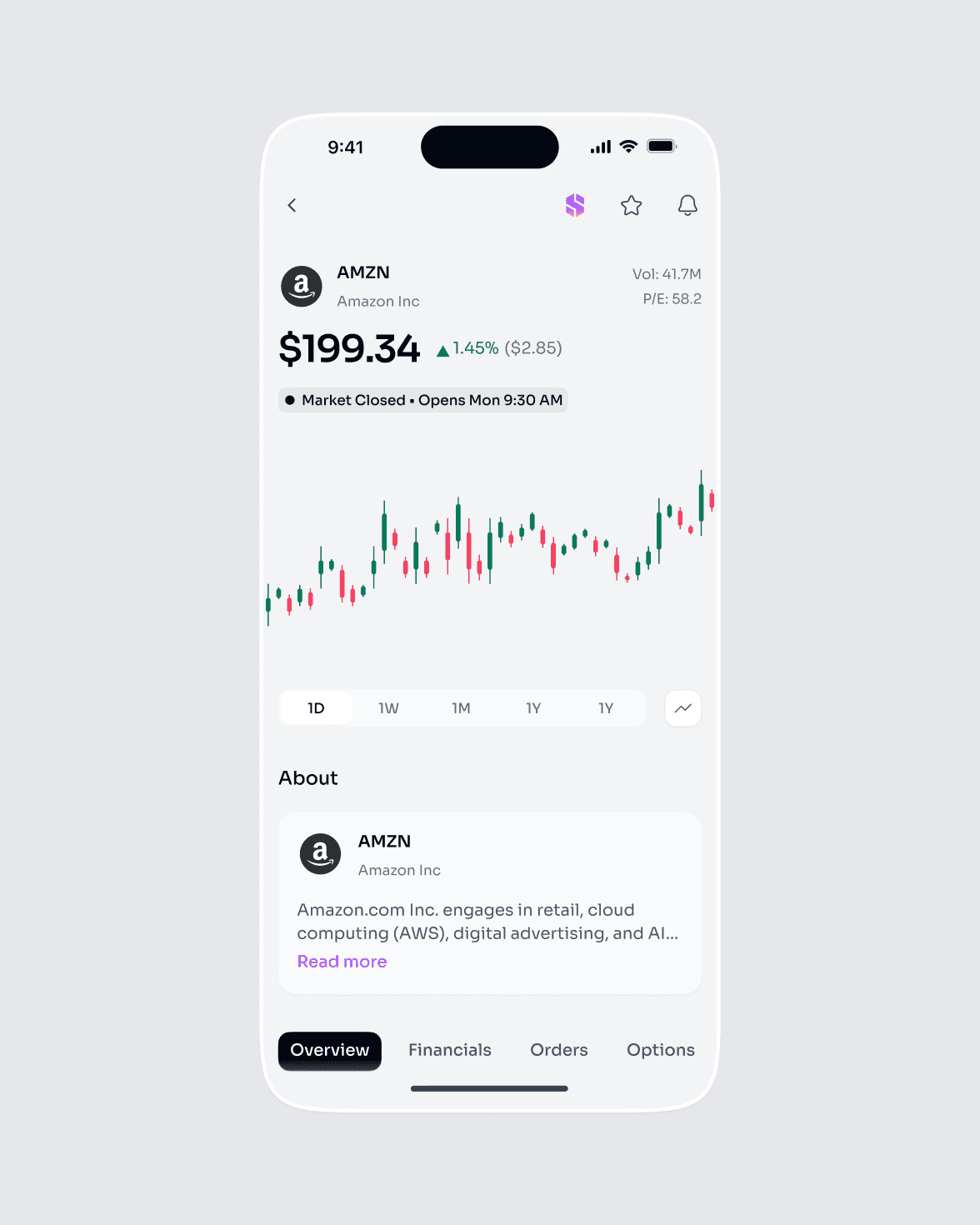 Know a stock before you buy it Price, chart, financials, and the company's story in plain English, all on one screen, so you understand what you're buying instead of gambling on a ticker.