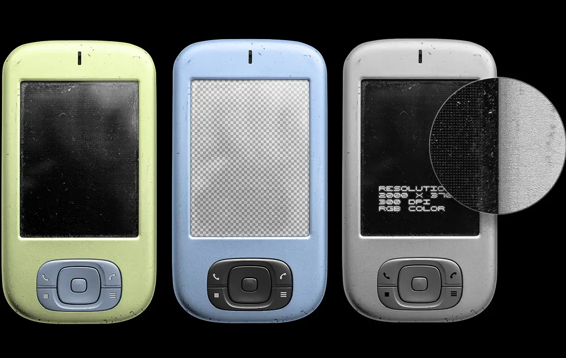 Retro smart device mockup screen texture detail with scratches and pixel display