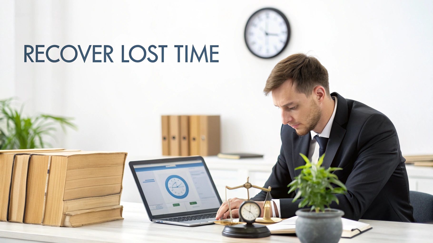 A lawyer reviewing documents at a desk, symbolizing the importance of tracking billable hours.