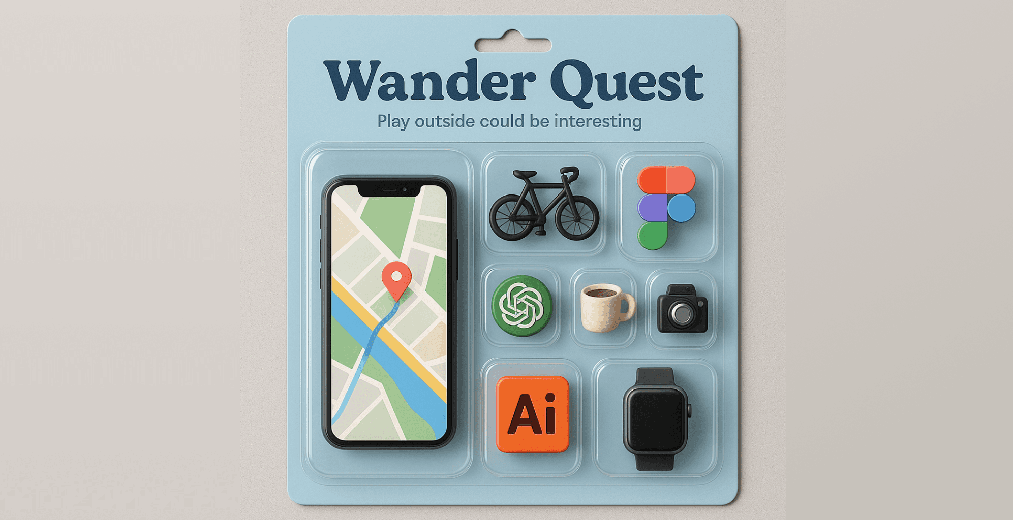 "Wander Quest mobile app interface showing location-based map with outdoor activity icons including bike, camera, and adventure elements
