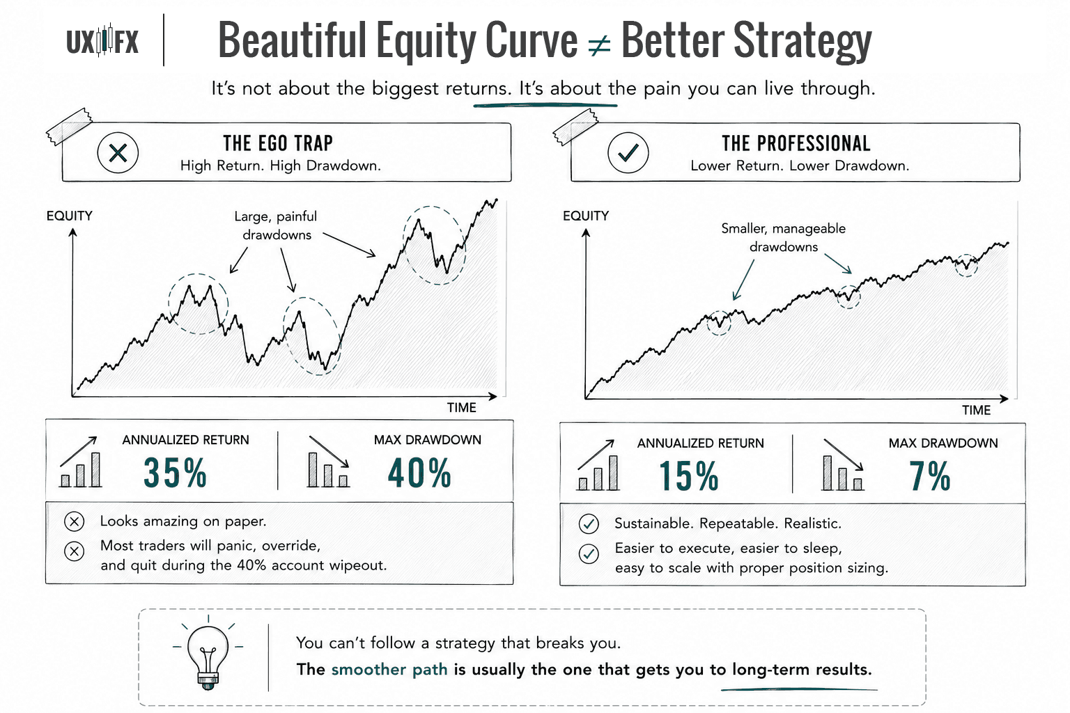 Comparison infographic showing two trading strategies with different return and drawdown profiles. One produces higher returns but suffers deep drawdowns, while the other delivers steadier growth with smaller declines. The graphic illustrates that sustainable strategies are often easier to execute consistently than those with impressive but psychologically difficult performance.