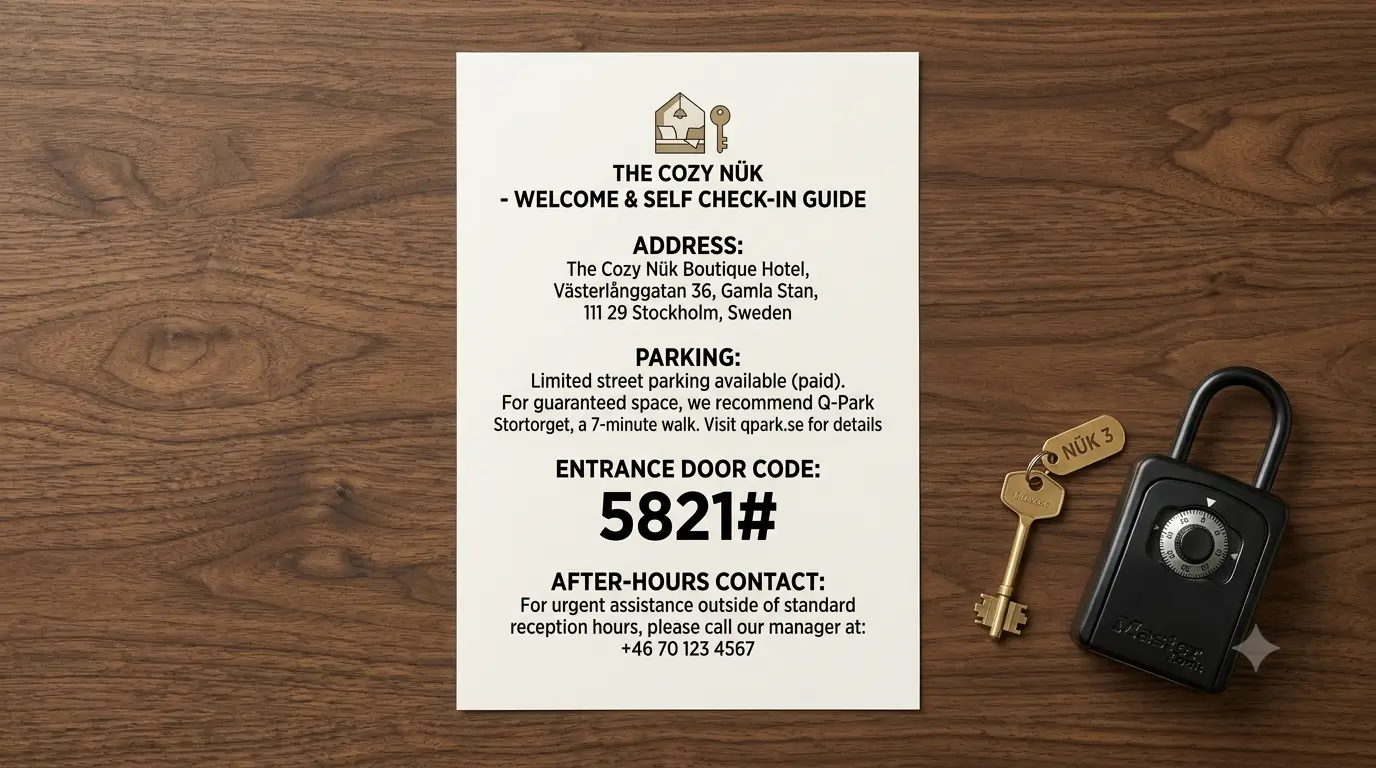 A printed hotel check-in instruction sheet showing address, parking, door code, and after-hours contact.