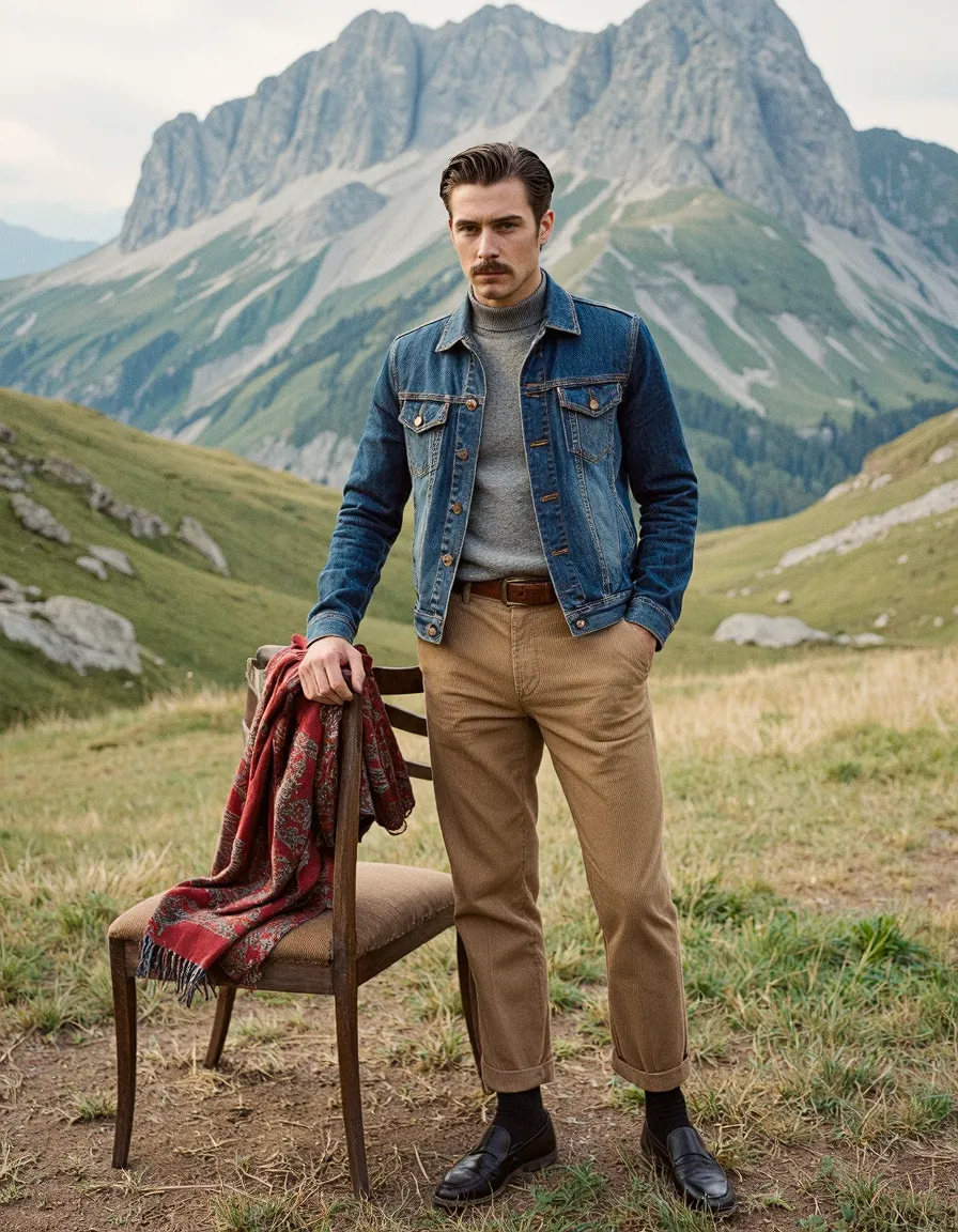 Man in denim jacket and turtleneck standing by chair in mountain meadow, fashion portrait photography