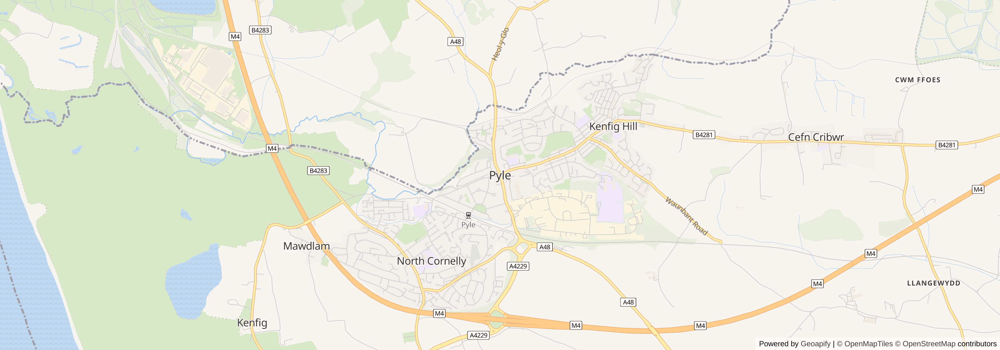 Street map of Pyle, Bridgend showing main roads and nearby areas