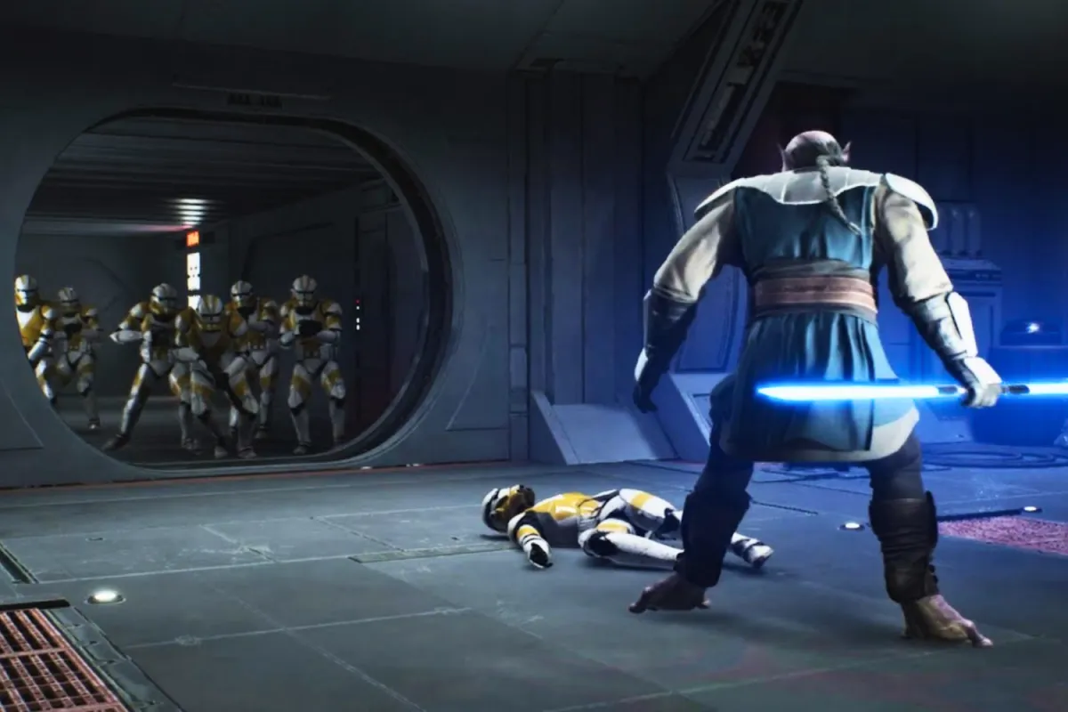 Jedi Master Jaro Tapal defends Cal with his blue lightsaber ignited, facing a squad of Clone Troopers who have turned against him during the execution of Order 66. A fallen trooper lies on the ground, symbolizing the tragic betrayal that marked the end of the Jedi Order.