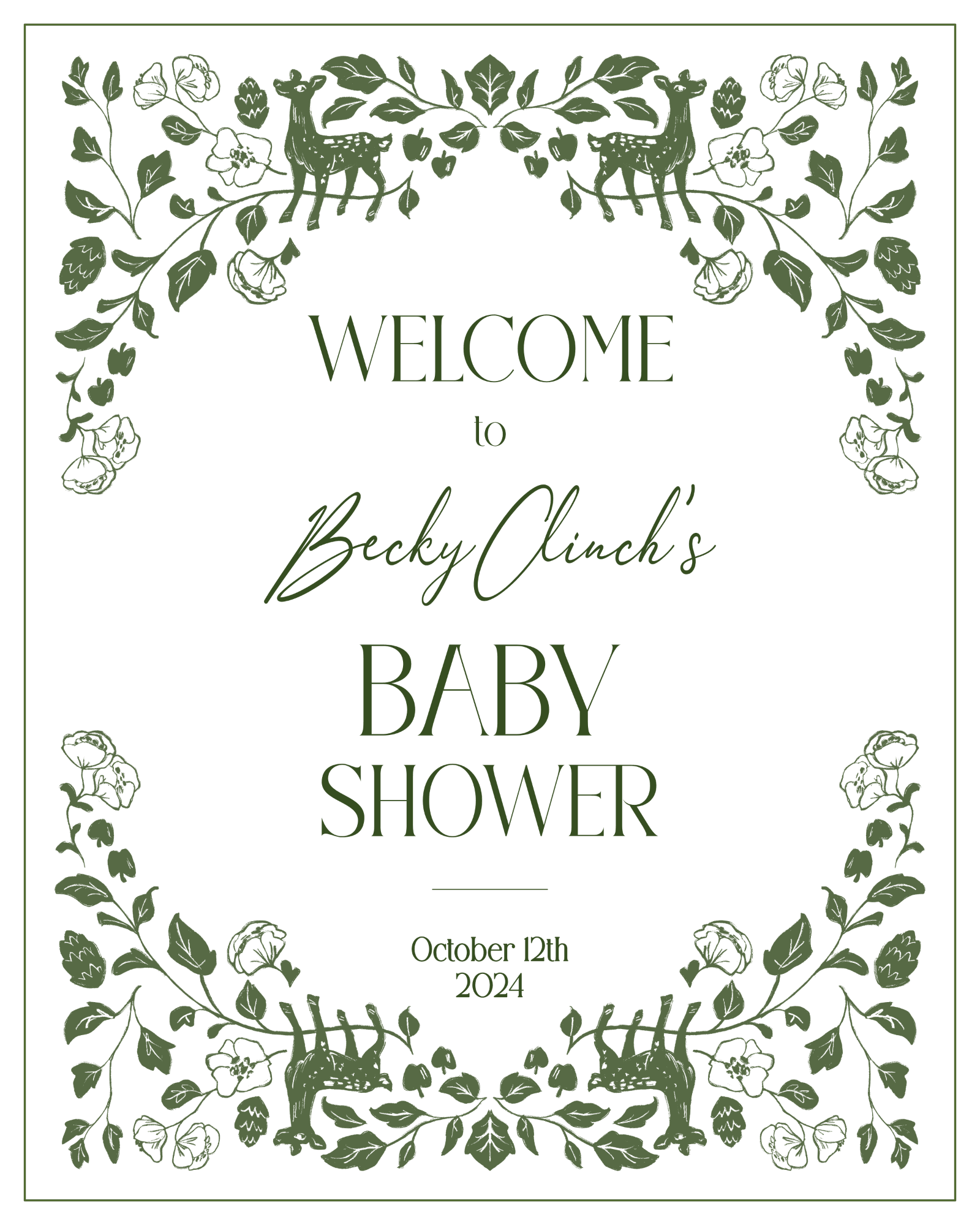 Welcome sign for baby shower with green flowers and deers along the border