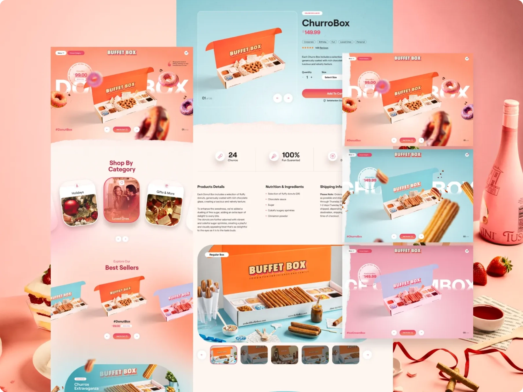 Pastel coral website mockups showcase Buffet Box and ChurroBox meals, with dessert trays, product cards, food photos, and a cheerful tone.