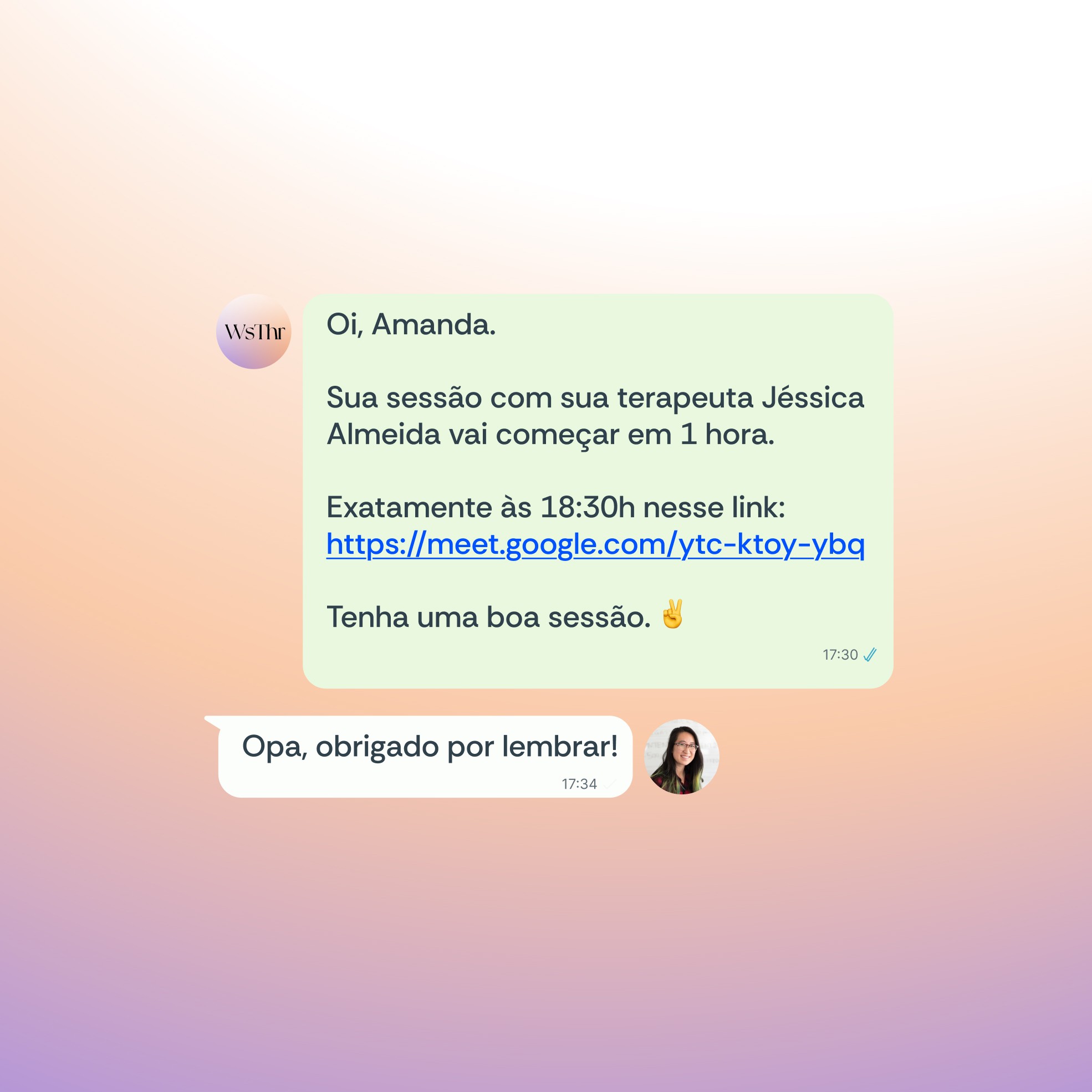 Interface de mensagem com lembrete de sessão para Amanda. O texto informa que sua sessão com a terapeuta Jéssica Almeida começará em 1 hora, às 18h30, com link para o Google Meet. Amanda responde agradecendo pelo lembrete.