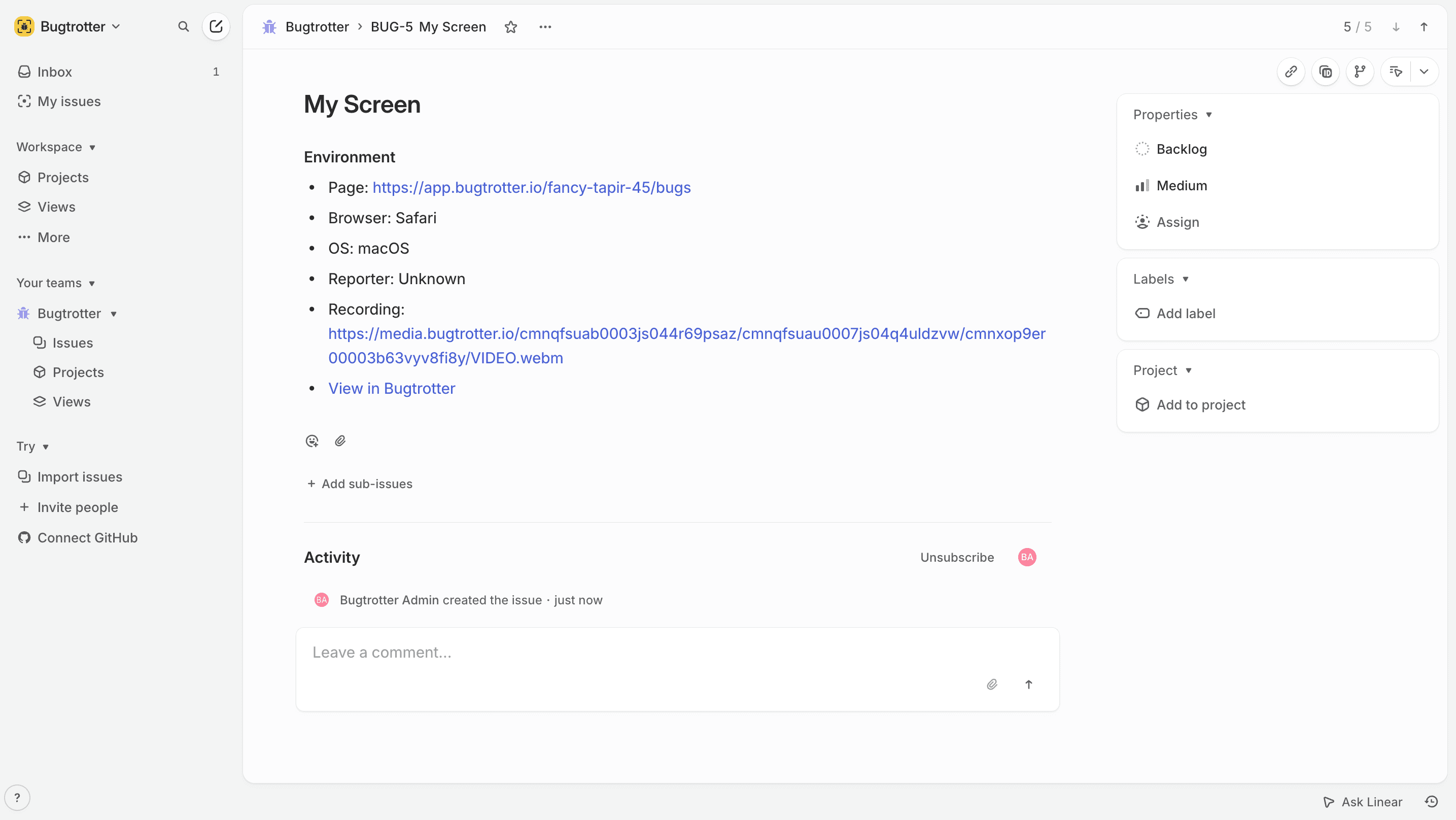 Screenshot of Linear channel showing bugtrotter bug report 