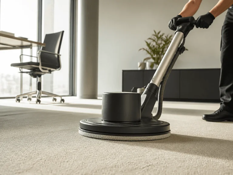 Eine Reinigungskraft in schwarzer Arbeitskleidung und schwarzen Handschuhen bedient eine kreisrunde Teppichreinigungsmaschine auf einem hellen Teppichboden in einem Büro