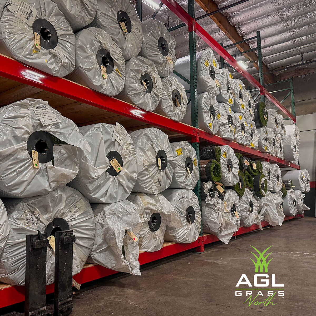 AGL Grass North 4K square foot warehouse in Rocklin, CA., with always available products stacked on racks.
