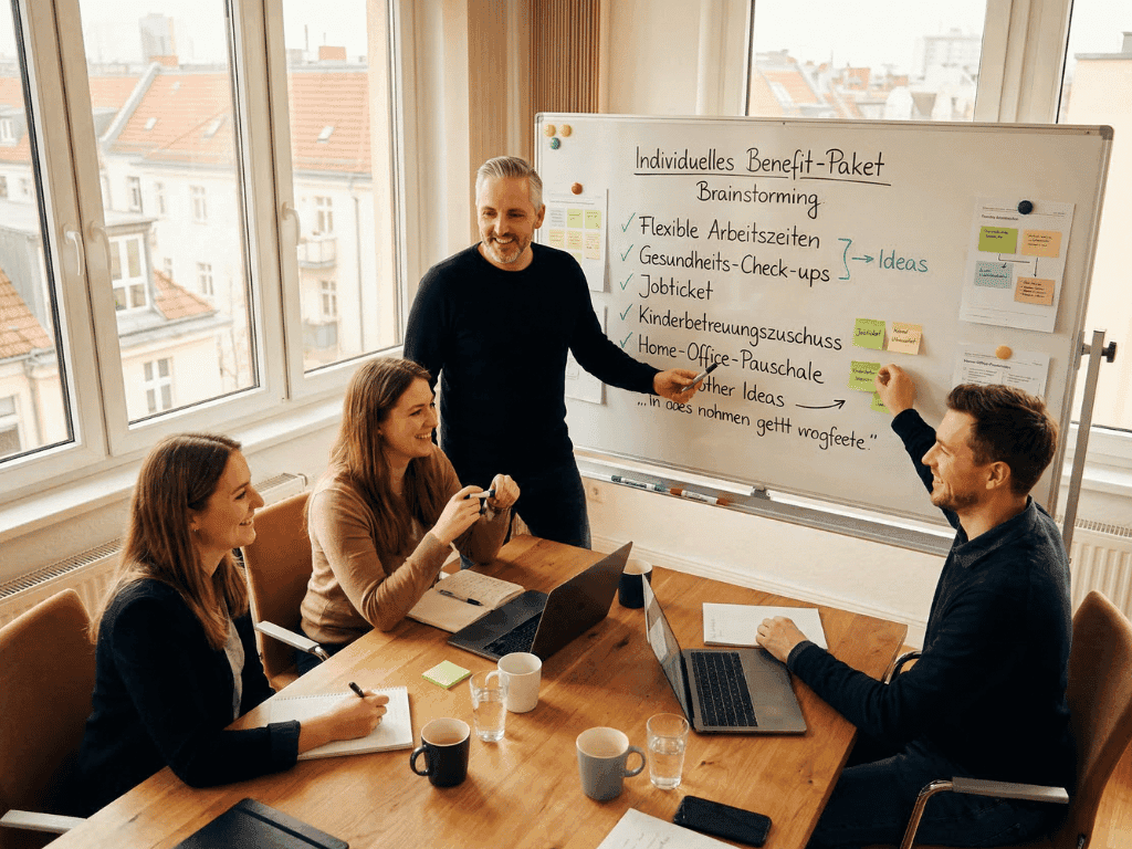 Gemeinsam im Team Brainstorming zum Benefit Mitarbeiter Konzept