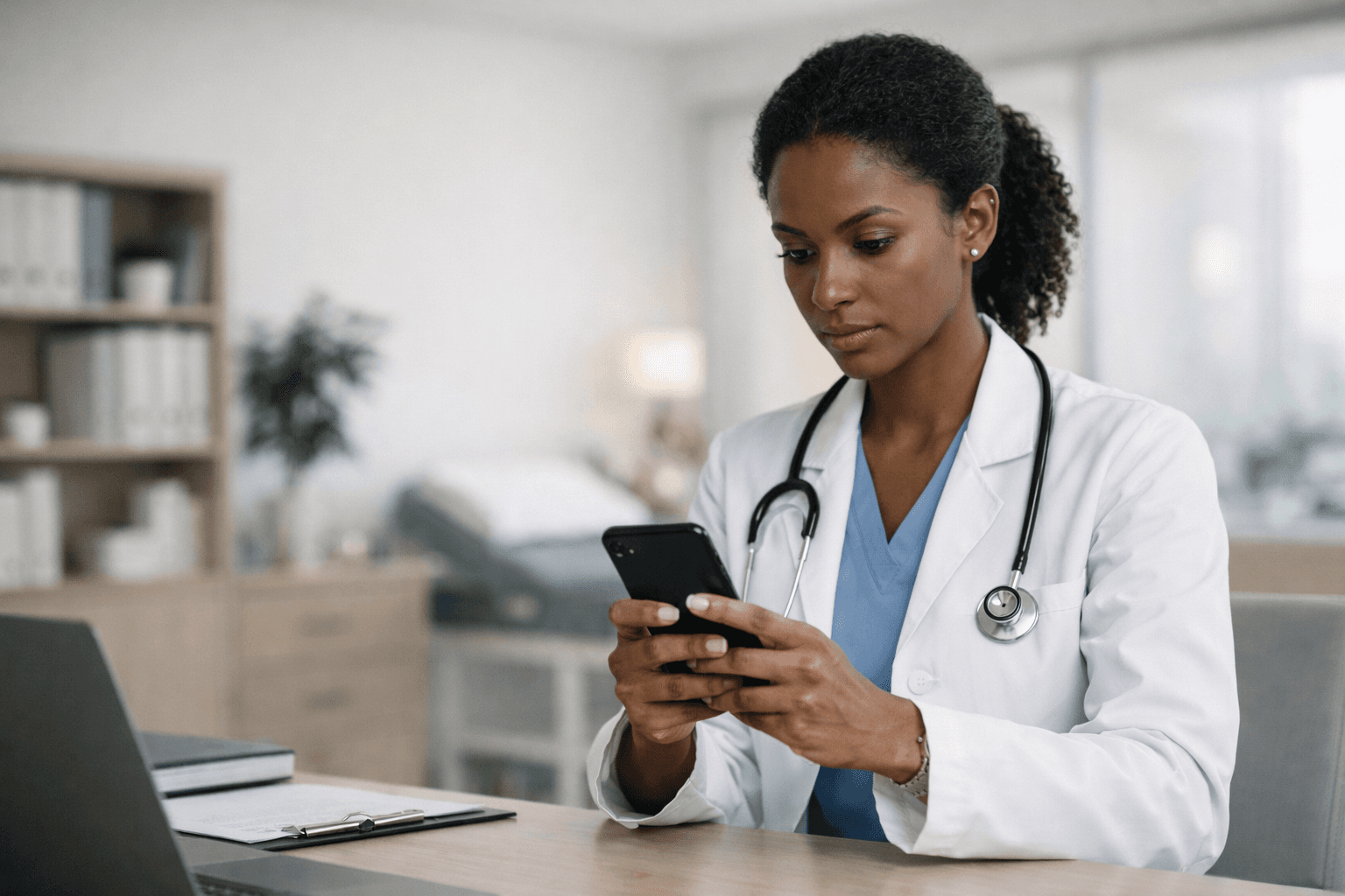 profissional da saúde usando WhatsApp para falar com paciente